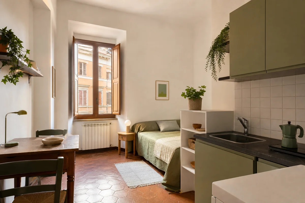 Compact Rome studio with bed, kitchenette, dining table, and tall window