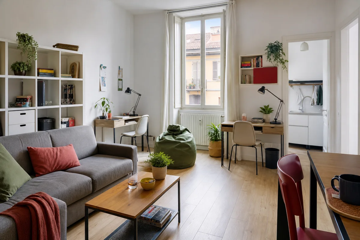 Turin student flat with a shared lounge and two separate study desks